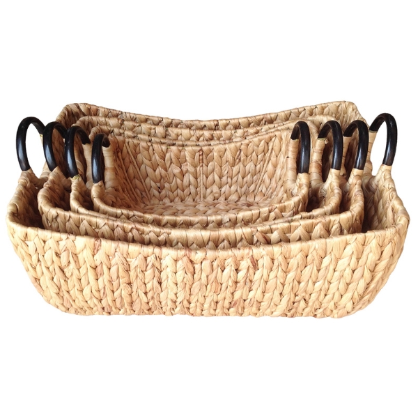 Curved Top Water Hyacinth Baskets – Havana Weave with Black Ring Handles 