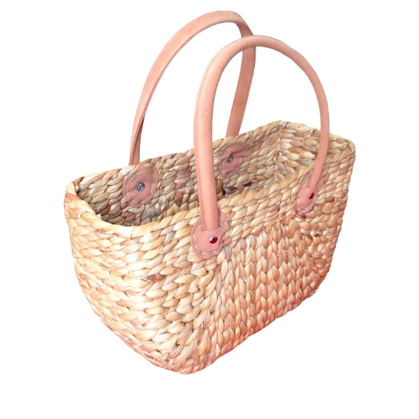 Handwoven Water Hyacinth Handbag with Real Leather Handle Havana Weave