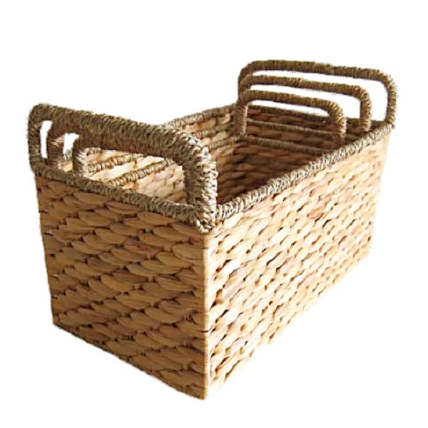 Rectangular Hyacinth Baskets – Double Rice Nut Weave, Natural Set of 3