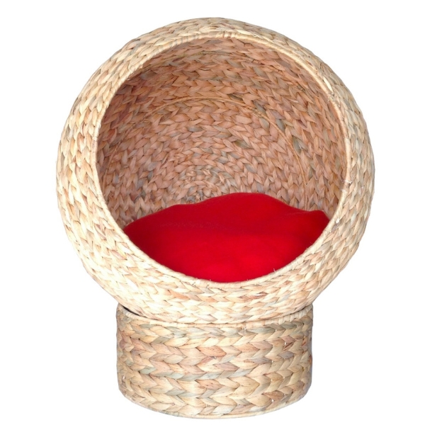 Round Pet House Water Hyacinth Fish Bone Weave with Cushion Natural Color