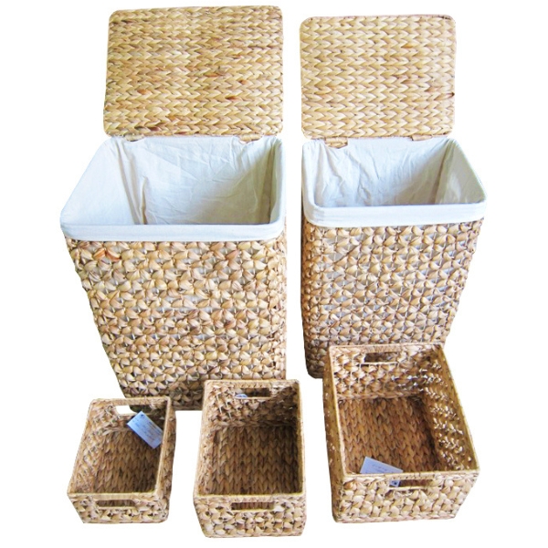 Set of 5 Water Hyacinth Hampers and Baskets with Liners Cut Out Handles