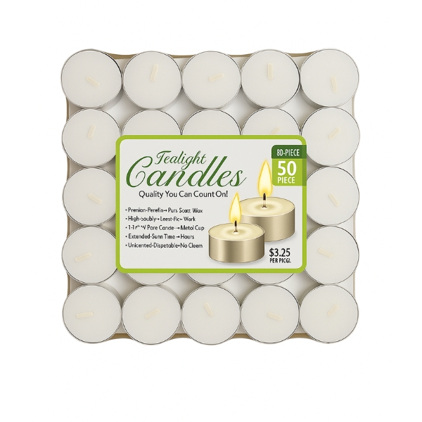 Tealight Candles 50pk — White Unscented (3.5h burn) | Vietnam Supplier