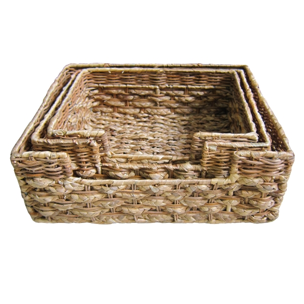 Water Hyacinth Rectangular Baskets – Fish Bone Weave, Front Opening, Set of 3